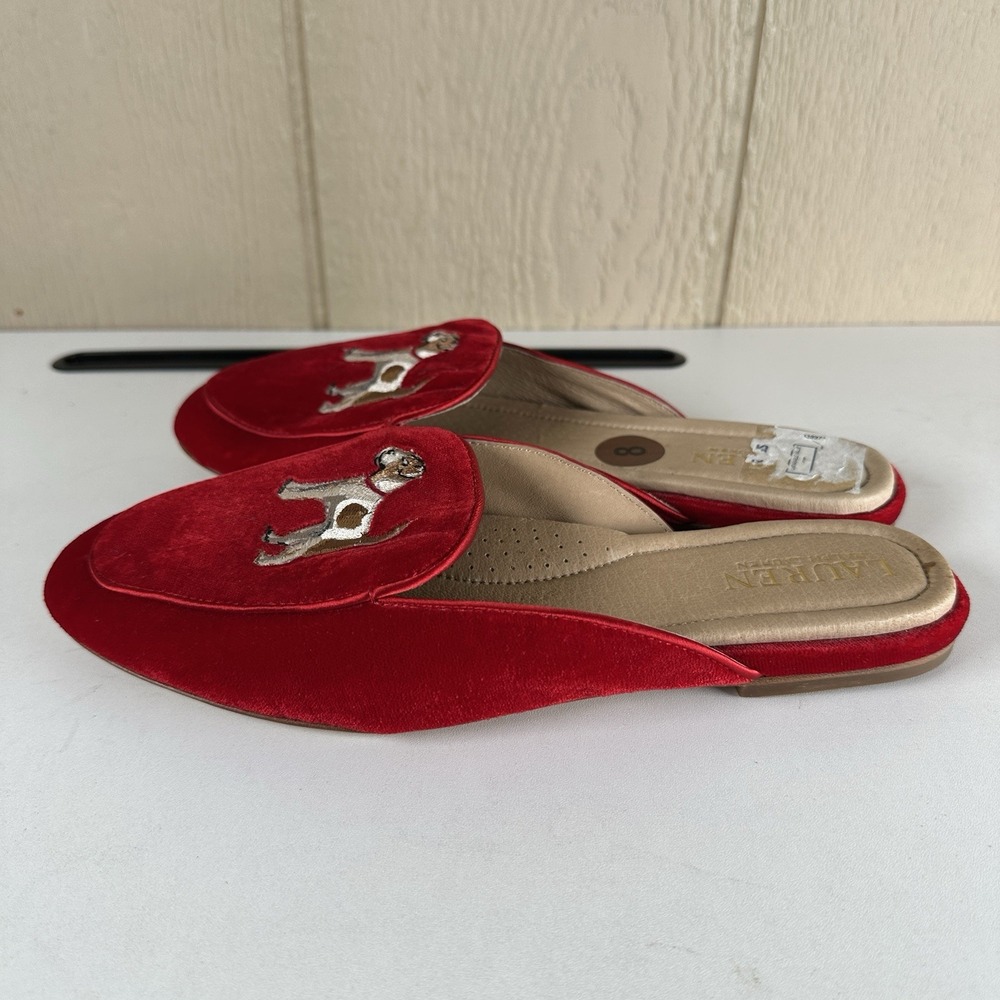 NEW Lauren Ralph Lauren Alaina Dogs Red Velvet Embroidered Mules Womens 8B Flats - Picture 4 of 7